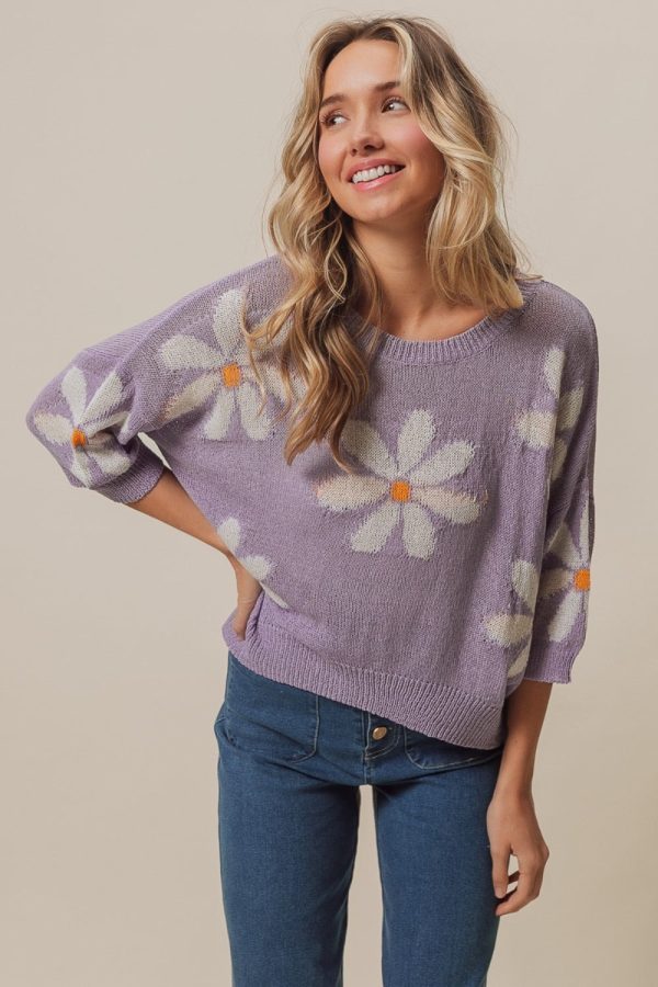 Ivory in Lavender Floral Pattern Slit Sweater Online Hot Sale - Image 3