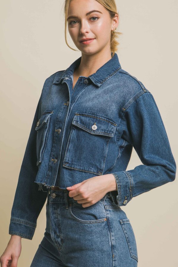 Raw Hem Button Up Cropped Denim Jacket Online - Image 4
