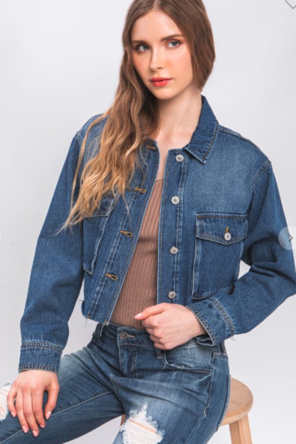 Raw Hem Button Up Cropped Denim Jacket Online