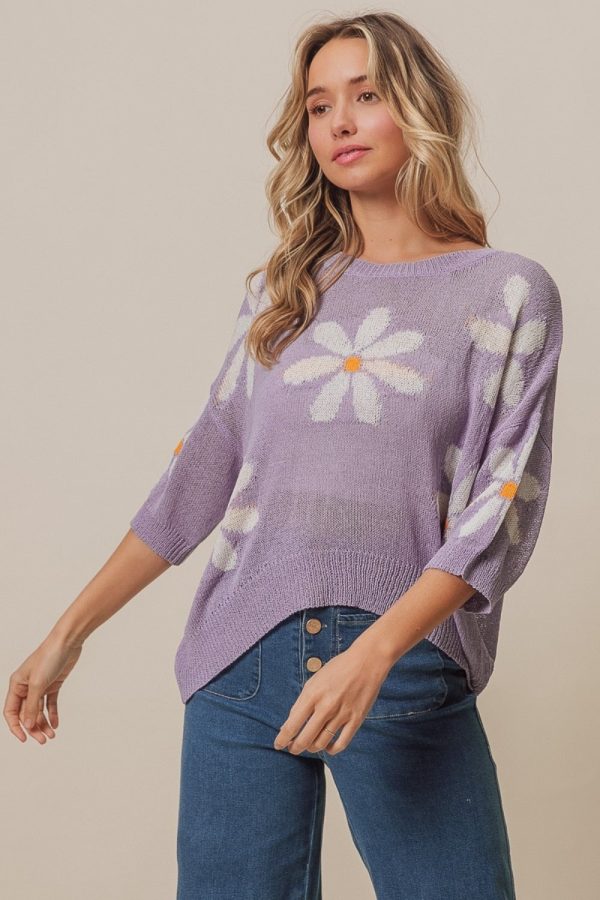 Ivory in Lavender Floral Pattern Slit Sweater Online Hot Sale - Image 5