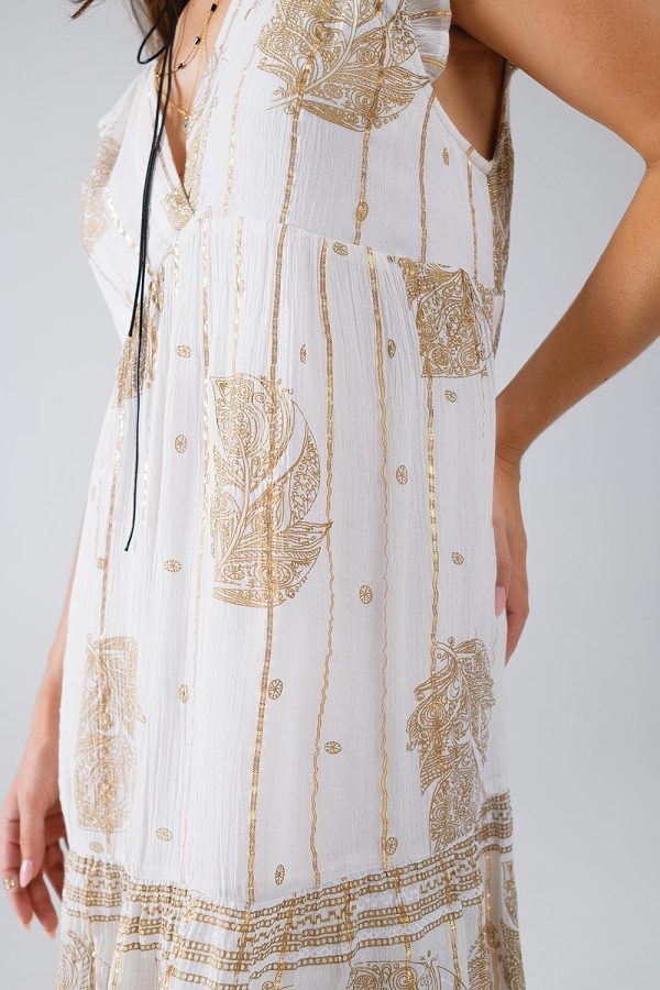 Short Babydoll Dress with Leaf Print and Lurex Thread in  White on Sale - Image 4