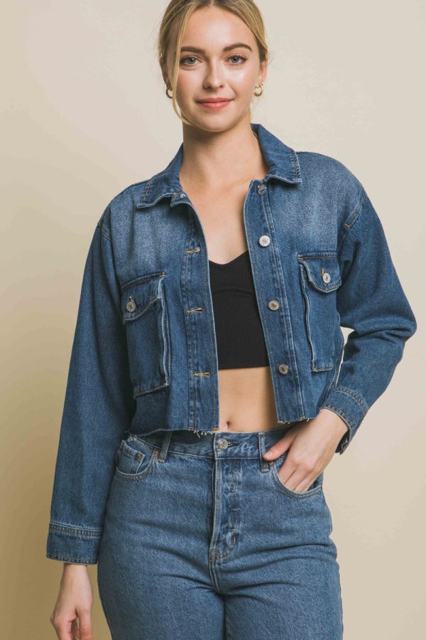 Raw Hem Button Up Cropped Denim Jacket Online - Image 2