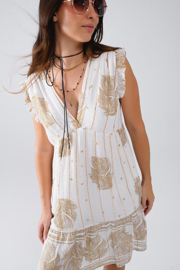 Short Babydoll Dress with Leaf Print and Lurex Thread in  White on Sale - Image 2