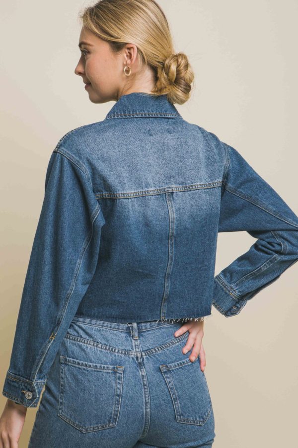 Raw Hem Button Up Cropped Denim Jacket Online - Image 3