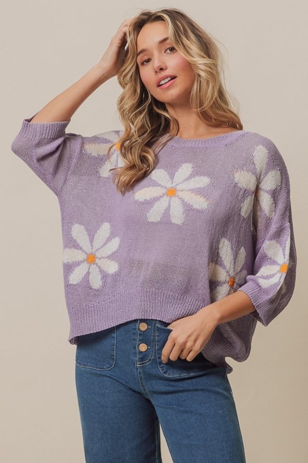 Ivory in Lavender Floral Pattern Slit Sweater Online Hot Sale