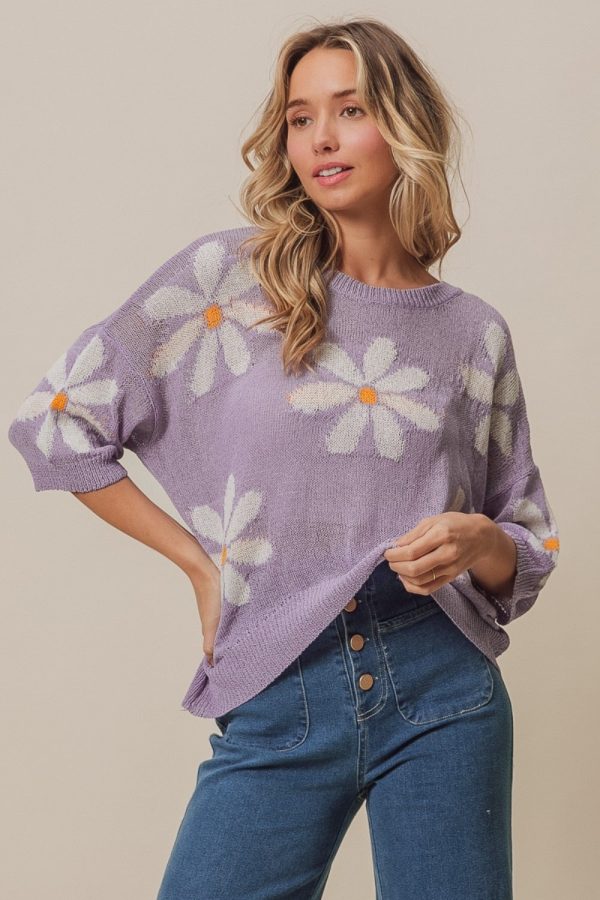 Ivory in Lavender Floral Pattern Slit Sweater Online Hot Sale - Image 2