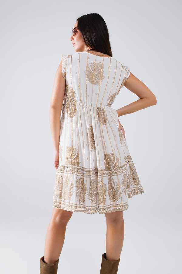 Short Babydoll Dress with Leaf Print and Lurex Thread in  White on Sale - Image 3