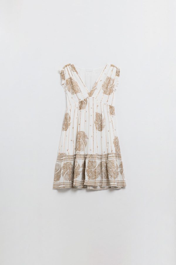 Short Babydoll Dress with Leaf Print and Lurex Thread in  White on Sale - Image 5