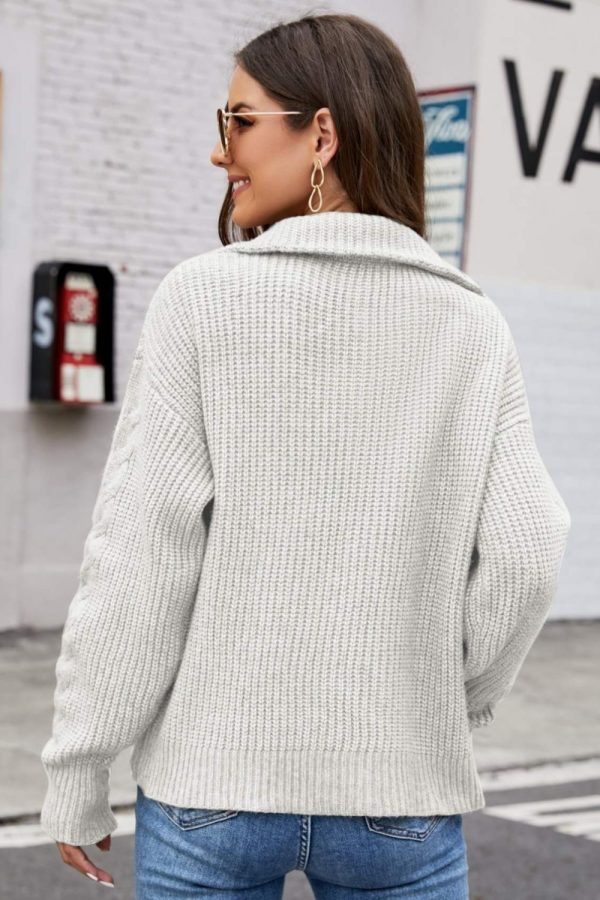 Woven Right Half Zip Mixed Knit Collared Sweater Online Sale - Image 3
