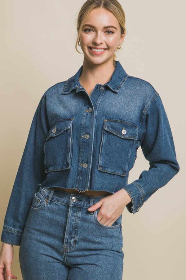 Raw Hem Button Up Cropped Denim Jacket Online - Image 5