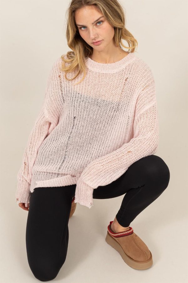 Pale Pink Distressed Long Sleeve Knit Top Sale