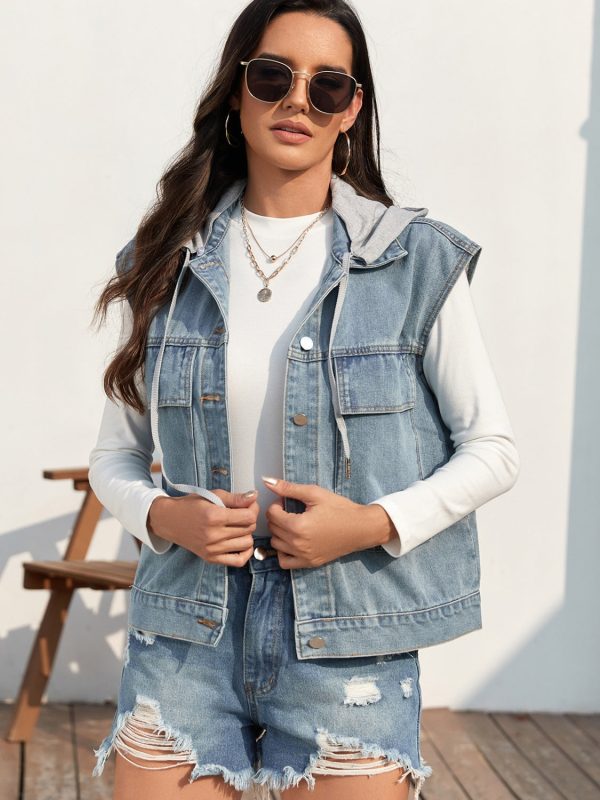 Drawstring Button Up Sleeveless Denim Jacket For Cheap