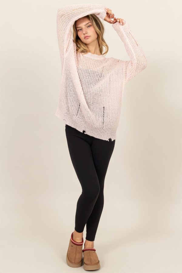 Pale Pink Distressed Long Sleeve Knit Top Sale - Image 4