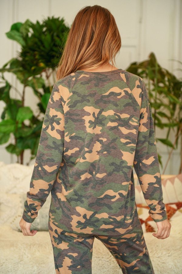 Brushed Camouflage Top and Joggers Set with Self Tie Hot on Sale - Image 5
