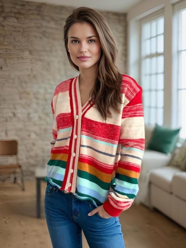 Striped Button Down V-Neck Long Sleeve Cardigan Cheap - Image 4