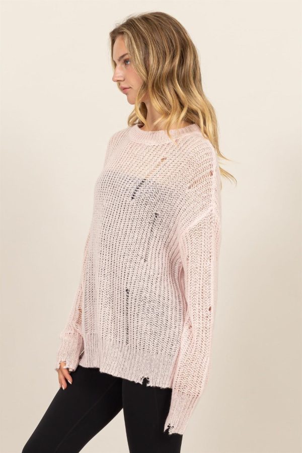 Pale Pink Distressed Long Sleeve Knit Top Sale - Image 3